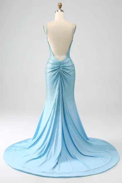 Long V-Neck Prom Dress in Sparkly Light Blue with Beaded Mermaid Cut and Slit