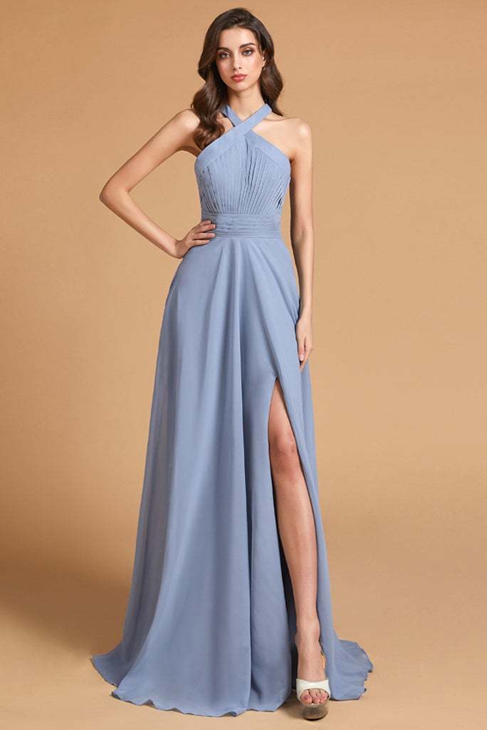 Dusty Blue Split Halter Bridesmaid Dress with Pockets