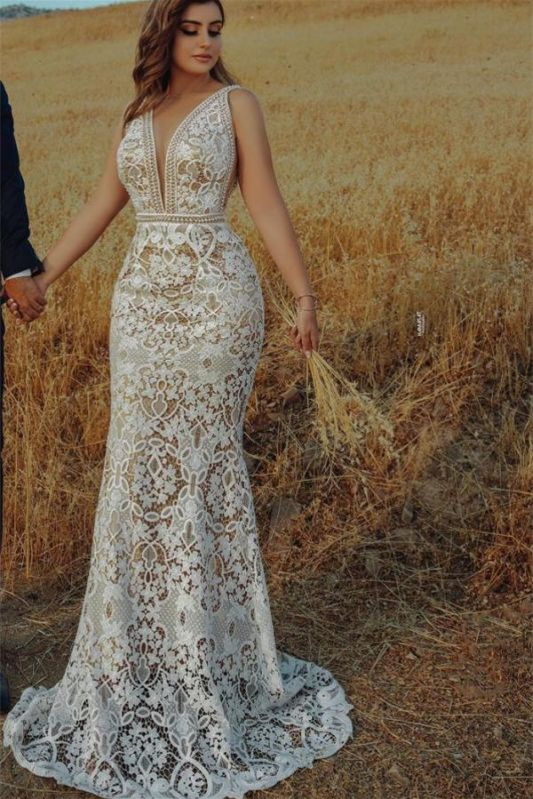 Mermaid V-Neck Empire Wedding Dress with Lace Beadings