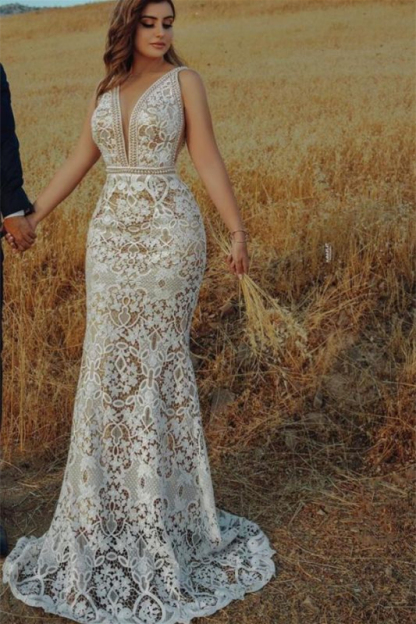 Mermaid V-Neck Empire Wedding Dress with Lace Beadings