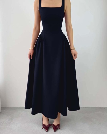 Sleeveless Square Neck Straps Tea Length Formal Dress With Pleated