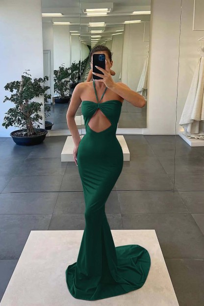 Strapless Blue Mermaid Evening Dress With Sleeveless Halter