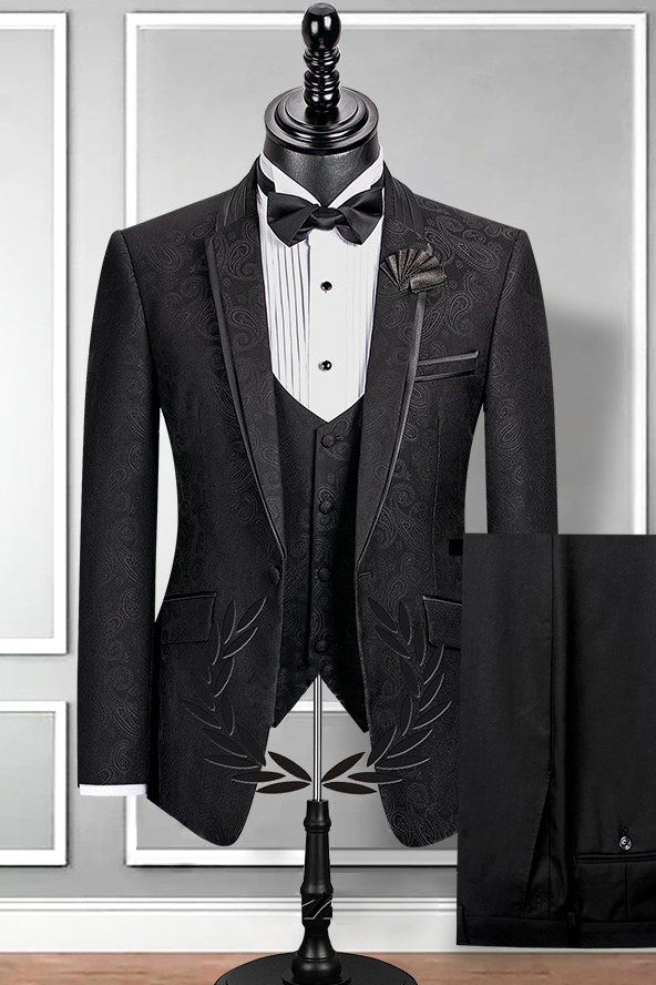 Chic Black Slim Fit Notched Lapel Jacquard Wedding Suit for Men