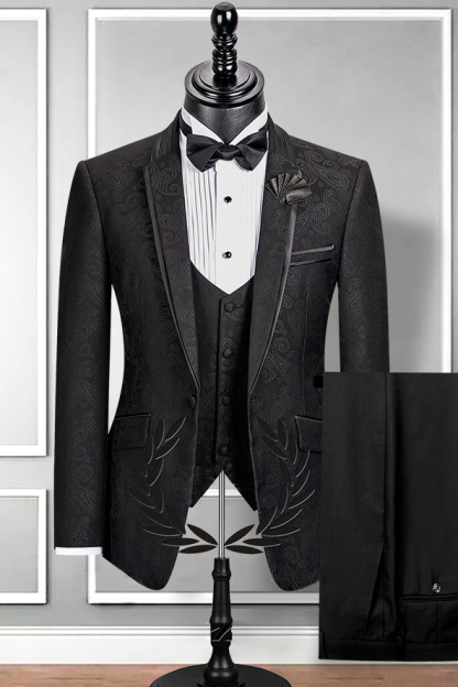 Chic Black Slim Fit Notched Lapel Jacquard Wedding Suit for Men
