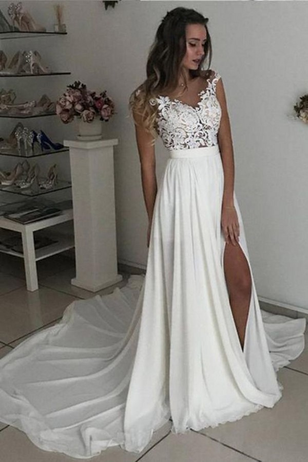 Modern Long Slit A-Line V-Neck Wedding Dress with Chiffon Lace