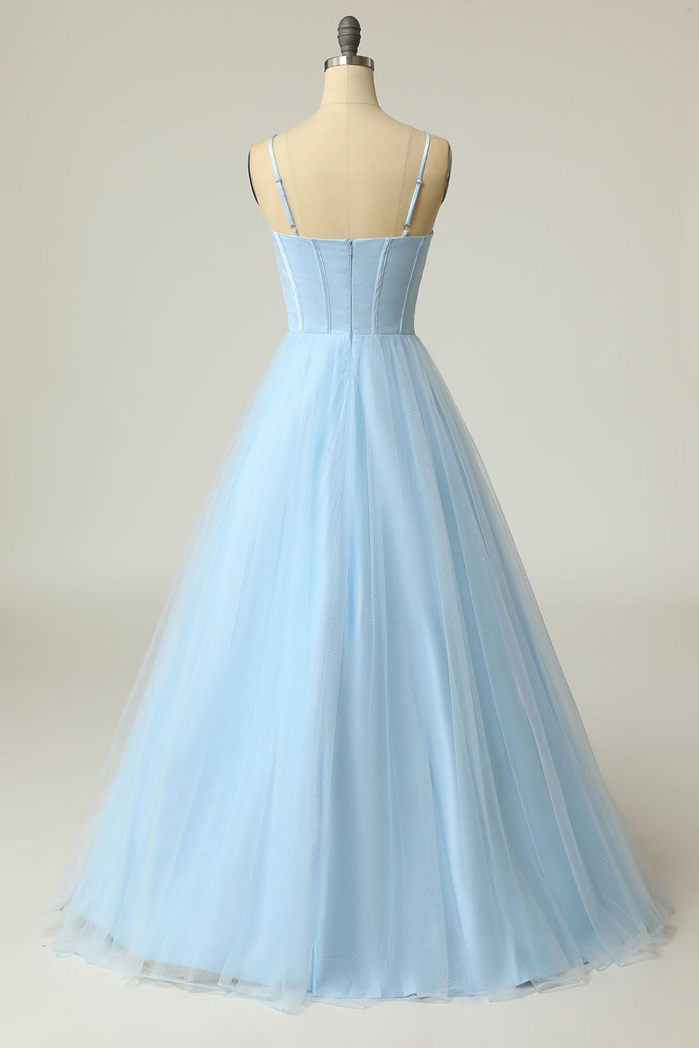 Light purple long prom dress with spaghetti straps in an A-line cut