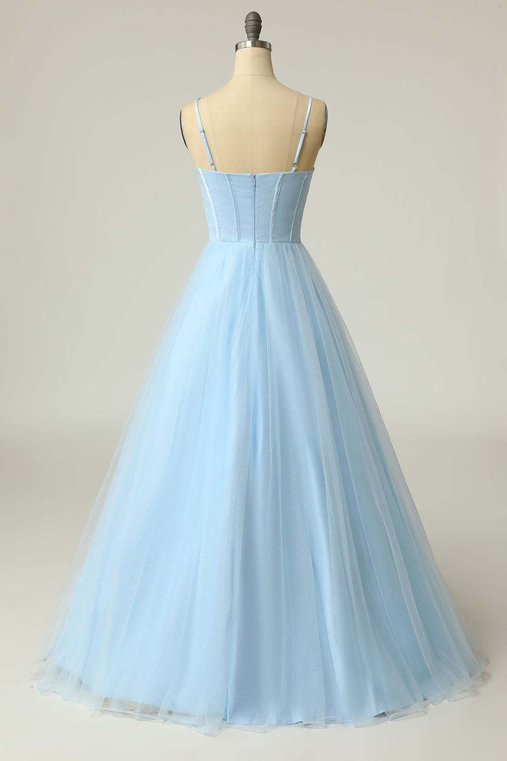 Light purple long prom dress with spaghetti straps in an A-line cut