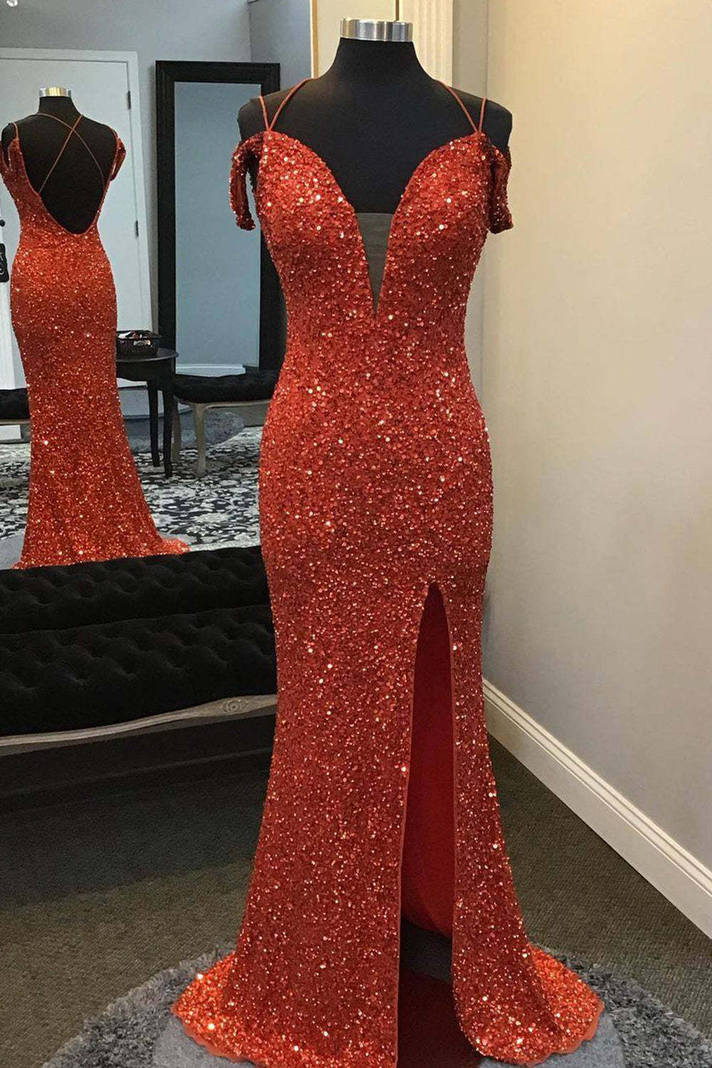 Red Sequined Long Prom Dress with Front Split and Off-the-Shoulder Sheath