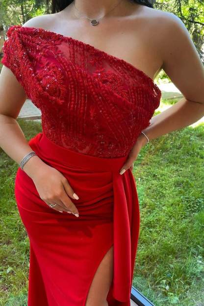 One Shoulder Sleeveless Mermaid Split Long Formal Dress With Pleated