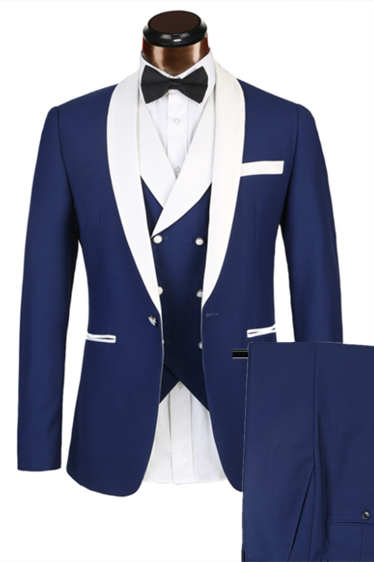 Elegant Three-Piece Banding Blue Men's Suit for Wedding with White Lapel Edge