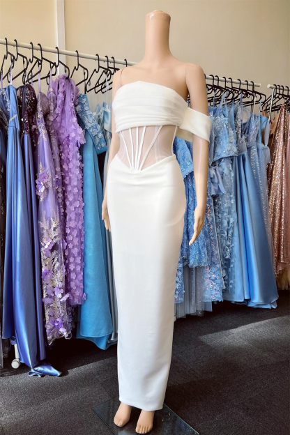 White Off the Shoulder Strapless Mermaid Formal Dress With Pleated