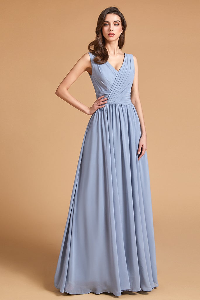Sleeveless Dusty Blue Bridesmaid Dress with Slit