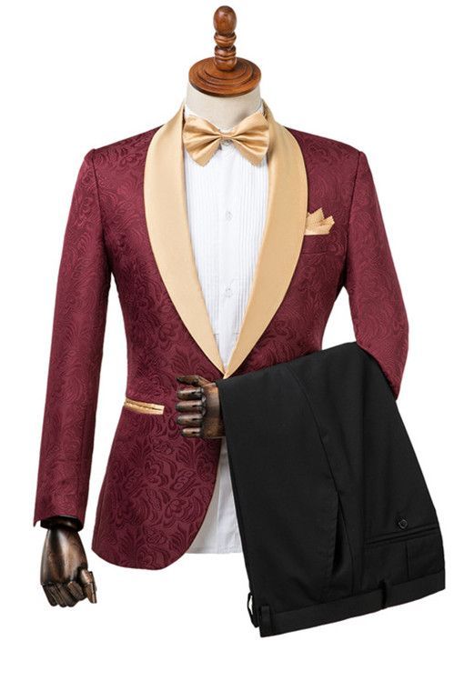 Gentle Burgundy Jacquard Men's Wedding Suit with Shawl Lapel