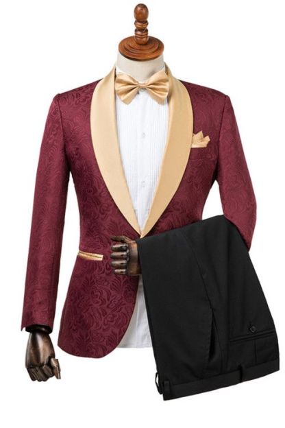 Gentle Burgundy Jacquard Men's Wedding Suit with Shawl Lapel