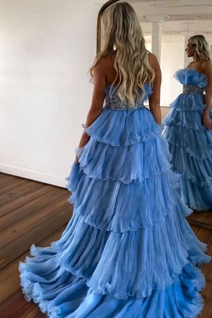 Stylish Strapless Blue A-Line Prom Dress with Beading