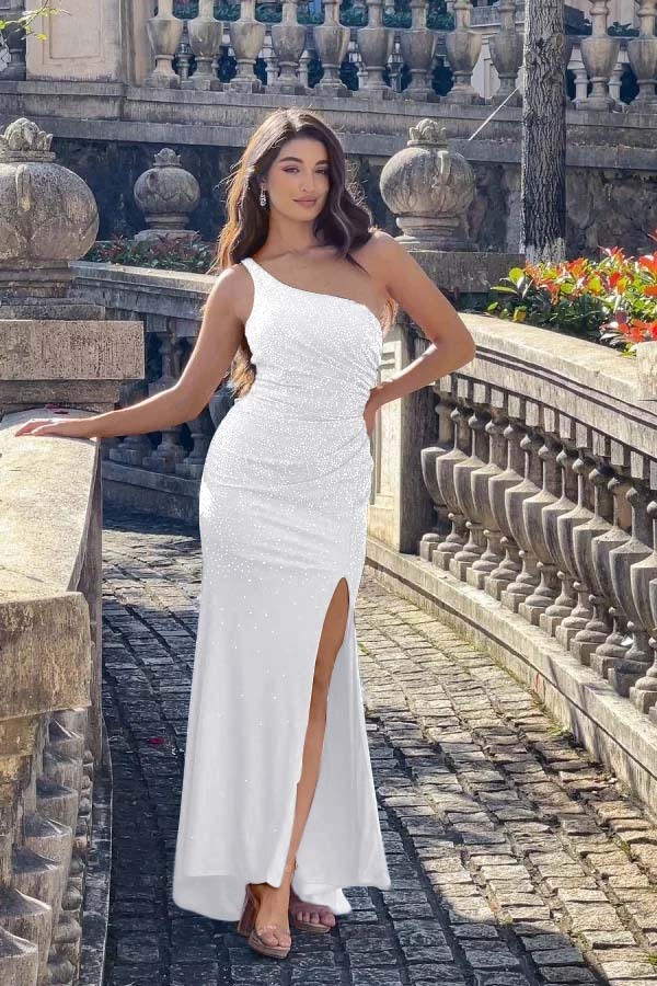 One Shoulder Sleeveless Long Mermaid Formal Dress With Split Beading