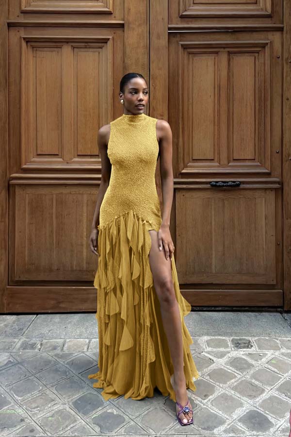High Neck Sleeveless Long Mermaid Formal Dress With Split Ruffles