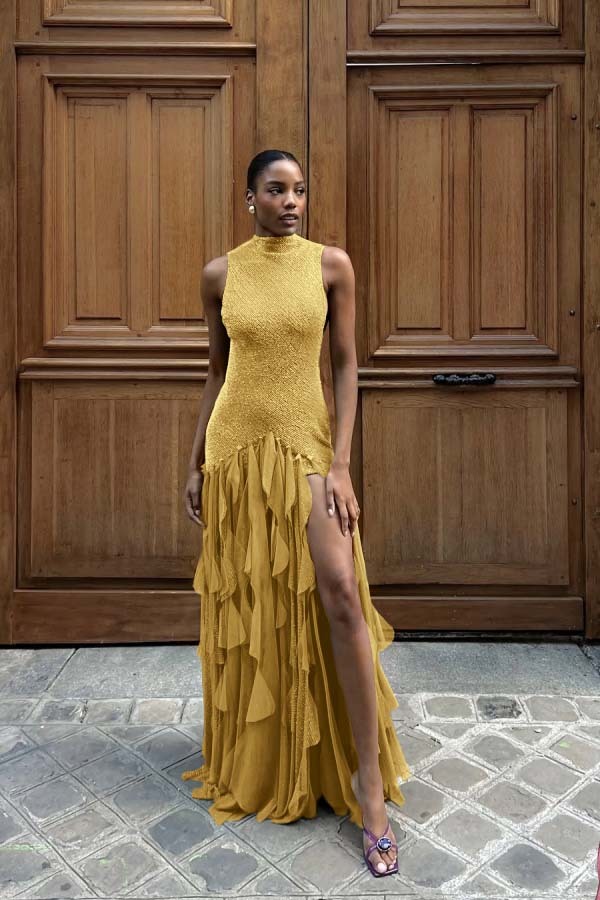 High Neck Sleeveless Long Mermaid Formal Dress With Split Ruffles