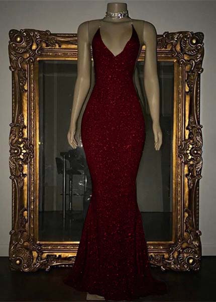 V-Neck Mermaid Elegant Halter Evening Dress With Sequins