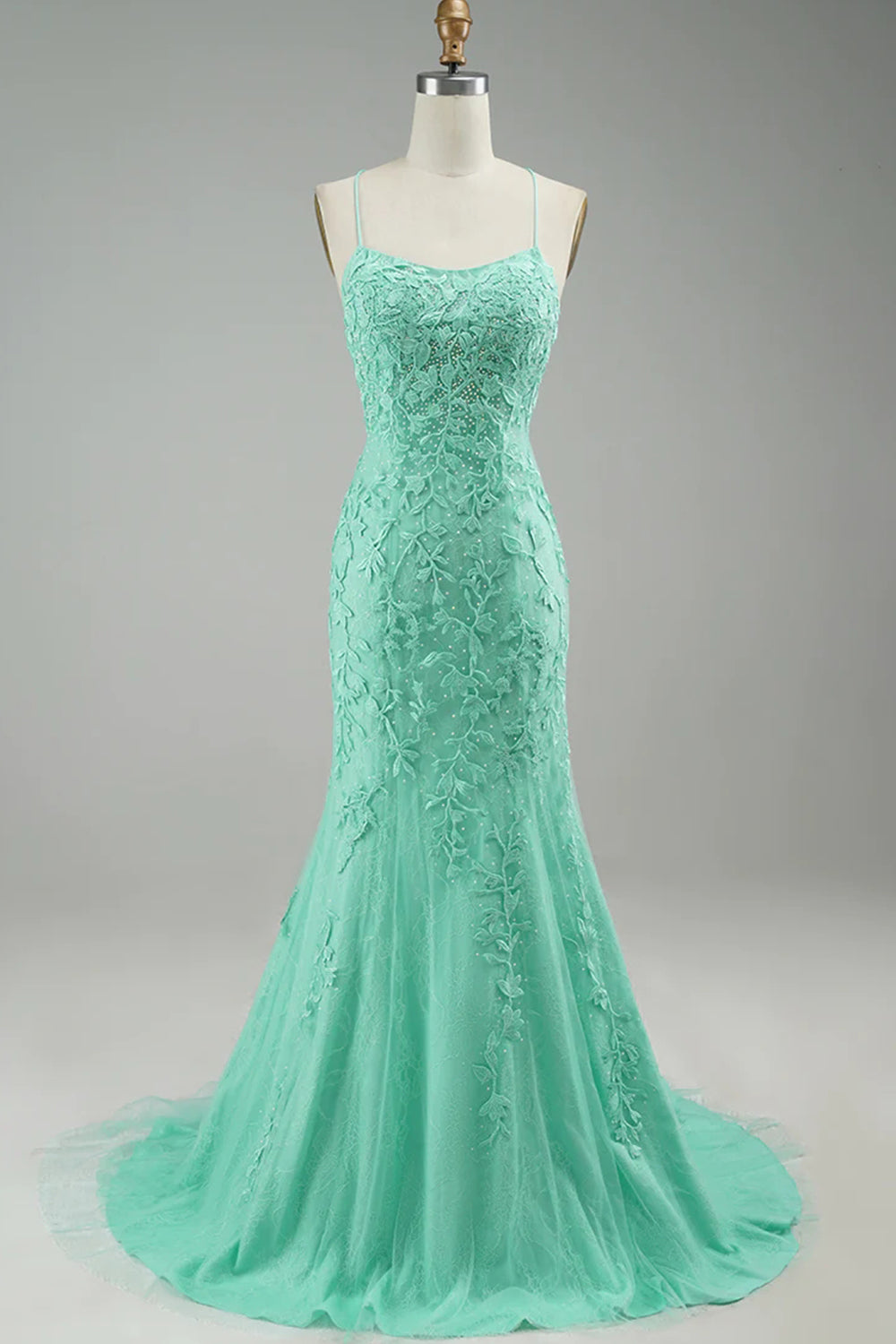 Long Prom Dress with Mermaid Lilac Spaghetti Straps and Appliques