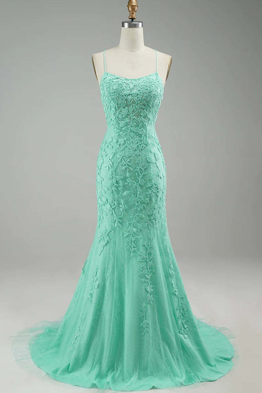 Long Prom Dress with Mermaid Lilac Spaghetti Straps and Appliques