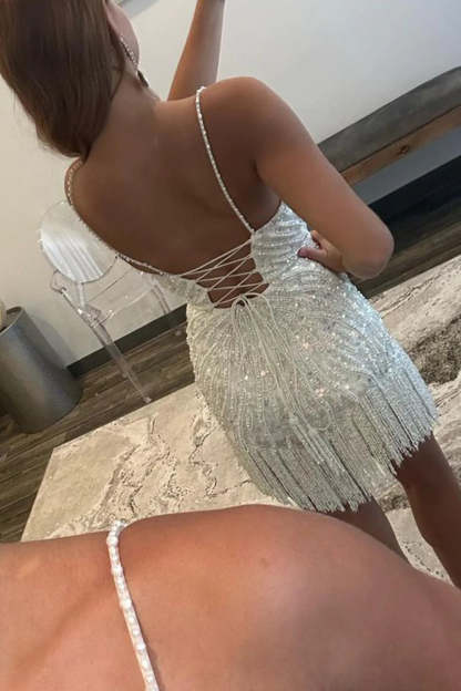 Short Homecoming Dress in White with Sequins Spaghetti Straps and Tassel