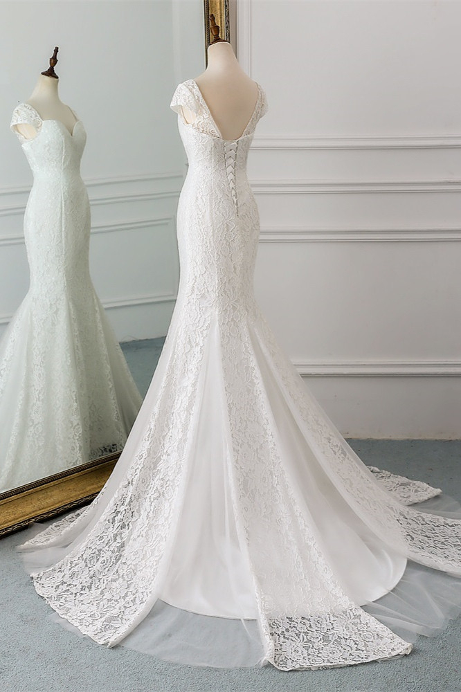Elegant Mermaid Sweetheart Lace Long Wedding Dress with Cap-Sleeves