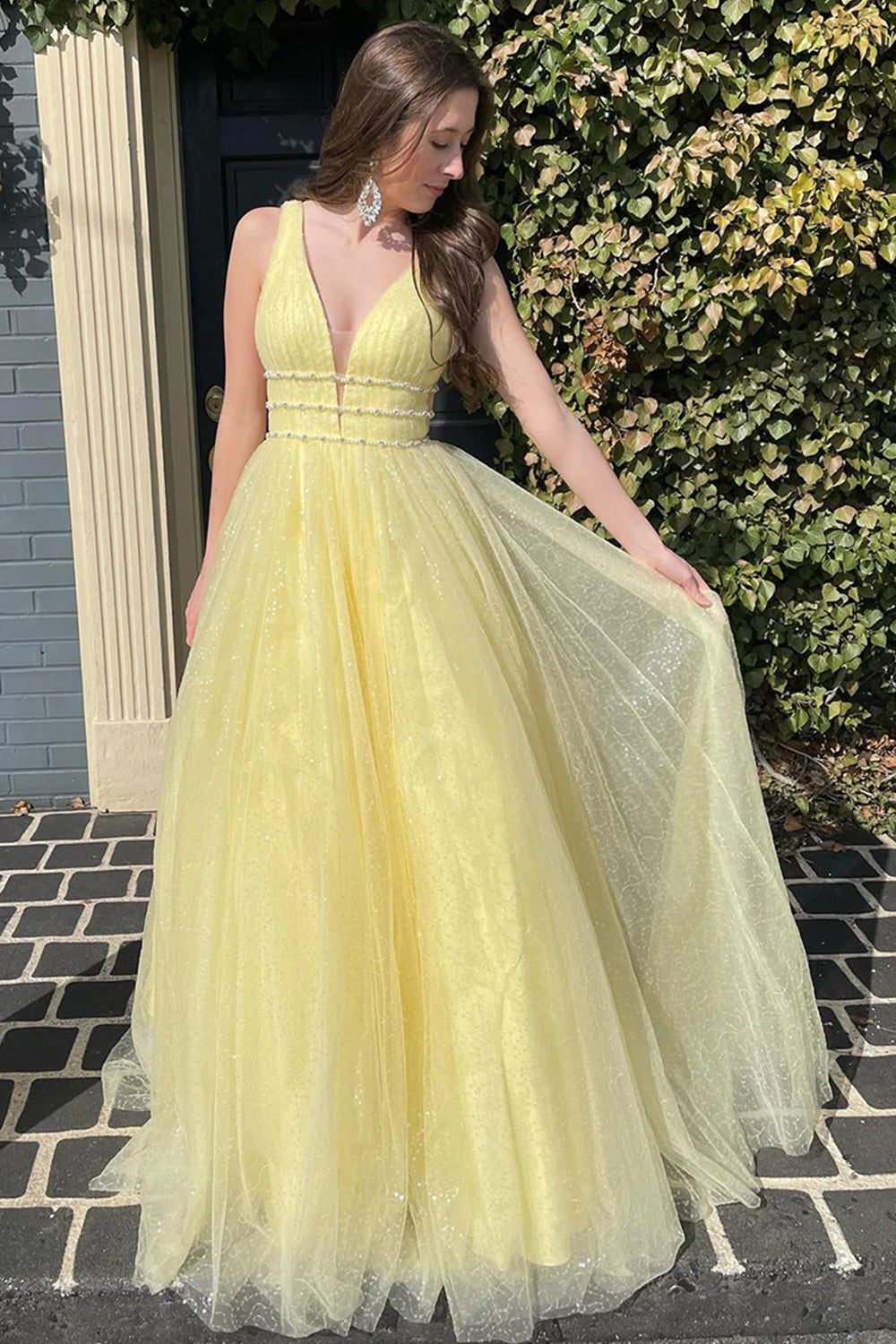 Long Yellow Beaded A-Line Prom Dress with Glitter Tulle