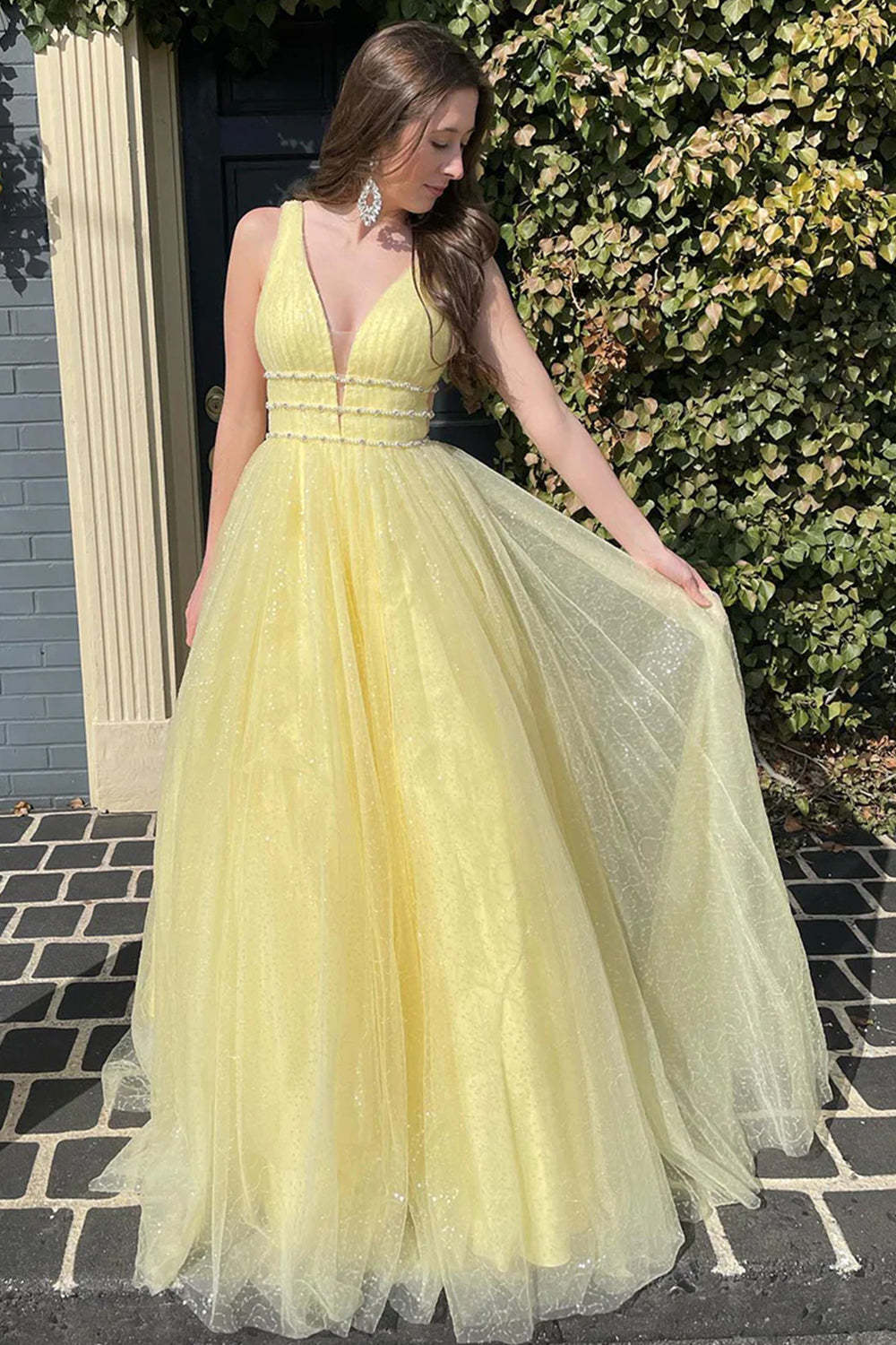 Long Yellow Beaded A-Line Prom Dress with Glitter Tulle