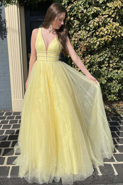 Long Yellow Beaded A-Line Prom Dress with Glitter Tulle