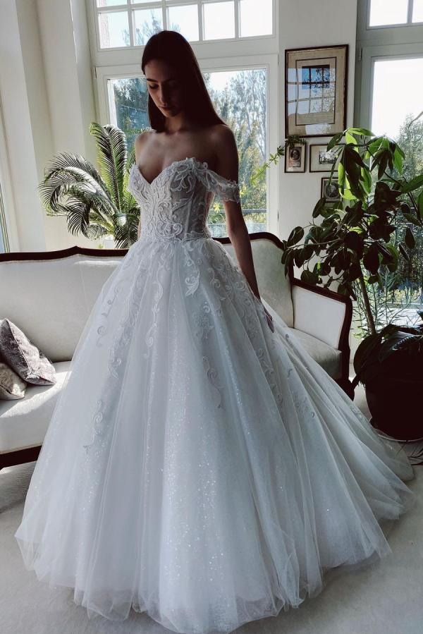 Stunning Tulle Long A-Line Wedding Dress with Off-The-Shoulder