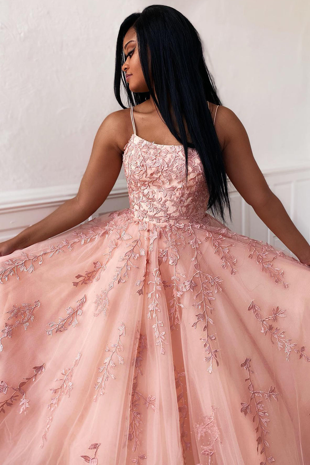 Prom Dress with Champagne Spaghetti Straps for Princess