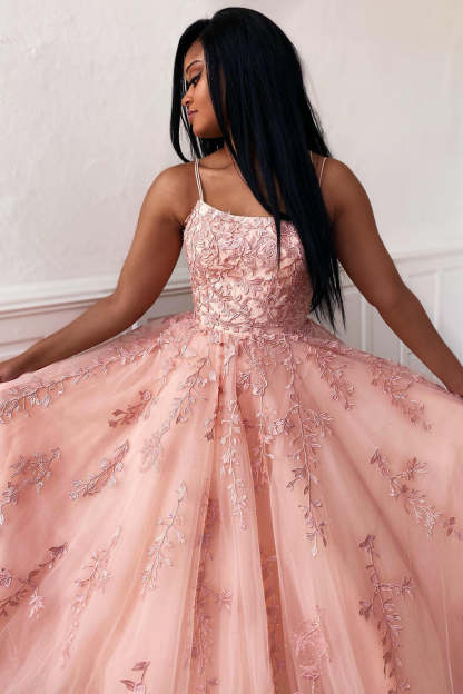 Prom Dress with Champagne Spaghetti Straps for Princess