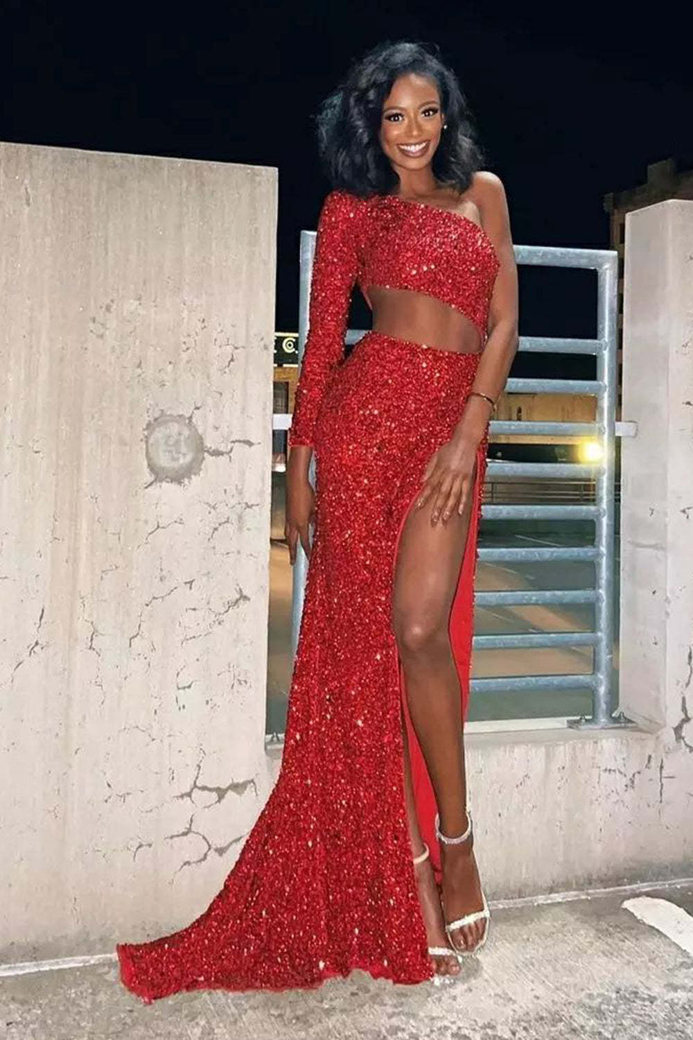 Blue Sequined One-Shoulder Long Prom Dress with Sheath Cutout