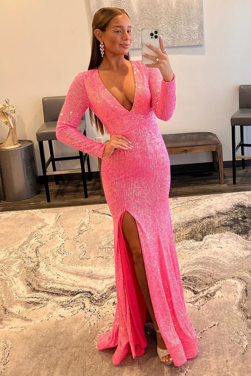 Long Pink Sequins Prom Dress with Deep V Neck and Front Split Sheath