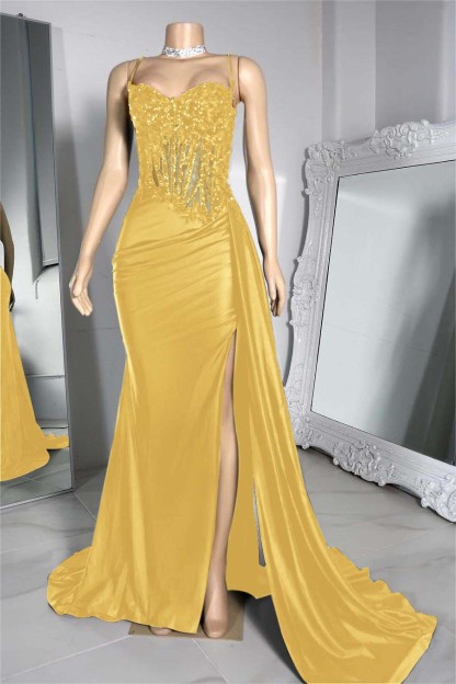 Exquisite Black Spaghetti Strap Sleeveless Pleated Long Split Formal Dress With Beading