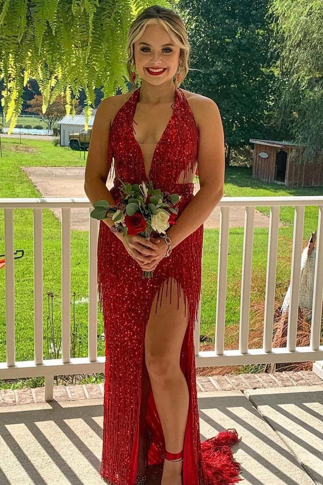 Red Halter V-Neck Sequins Mermaid Wedding Dress with Tassels