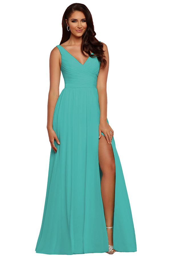 Sleeveless V-Neck Bridesmaid Dress with Split