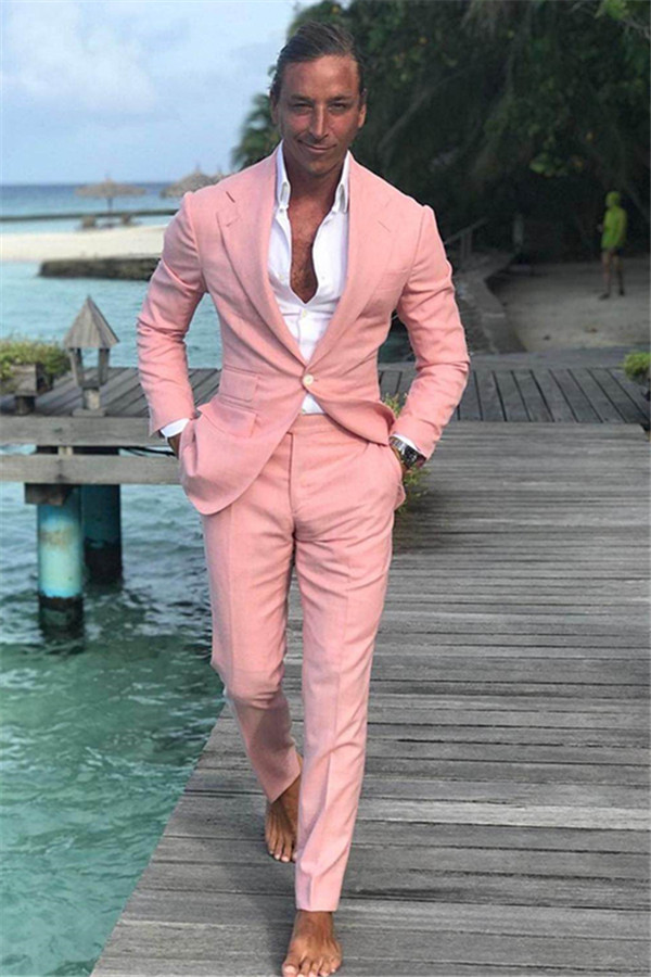 Pink Notched Lapel Linen Wedding Formal Slim Fit Prom Tuxedos for Man