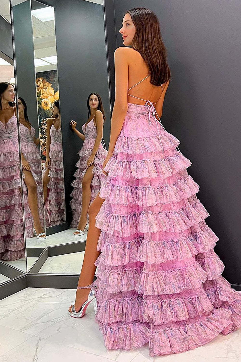 Elegant Pink Tulle A-Line Prom Dress with Spaghetti Straps and Ruffles