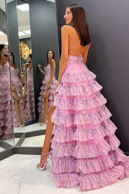 Elegant Pink Tulle A-Line Prom Dress with Spaghetti Straps and Ruffles