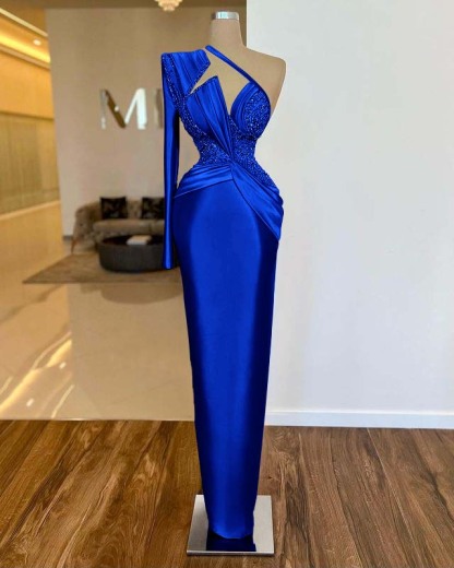 Long Sleeve One Shoulder Long Formal Dress With Pleated Appliques