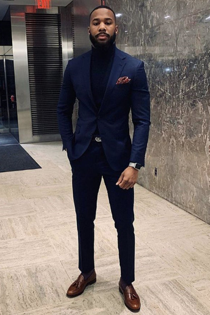 Handsome Dark Navy Notched Lapel Ring Bearer Outfits with Black Pants