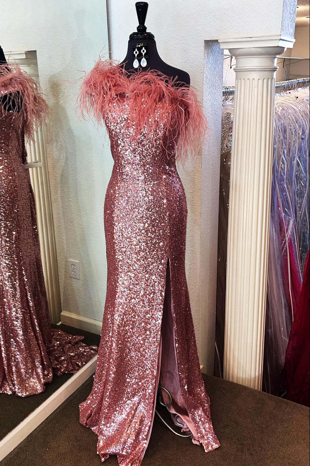 Light Blue Mermaid Prom Dress with Sequins and Feathers Strapless Long Style