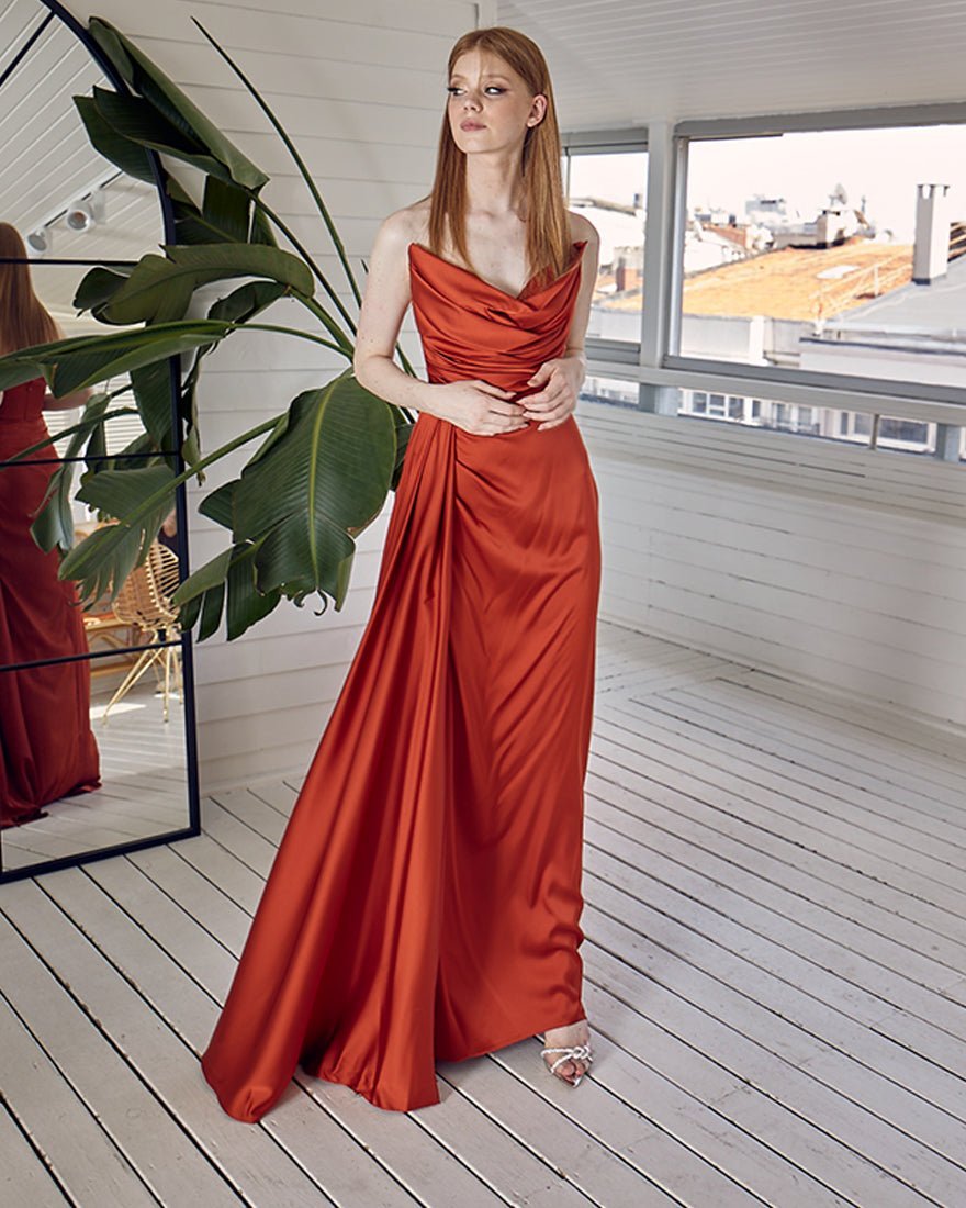 Fashionable Satin Maxi Strapless Wedding Guest or Prom Dress