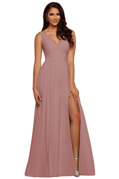 Sleeveless V-Neck Bridesmaid Dress with Split