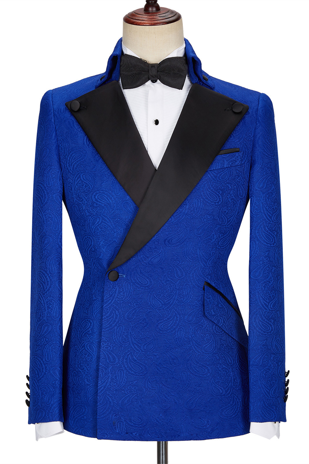 New Arrival Royal Blue Fashion Black Lapel Wedding Suits with Jacquard
