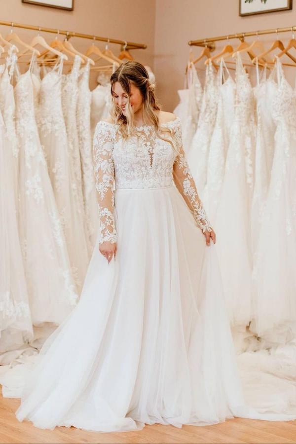 Pretty Tulle Long Sleeves Off-the-Shoulder Wedding Dress with Lace A-Line