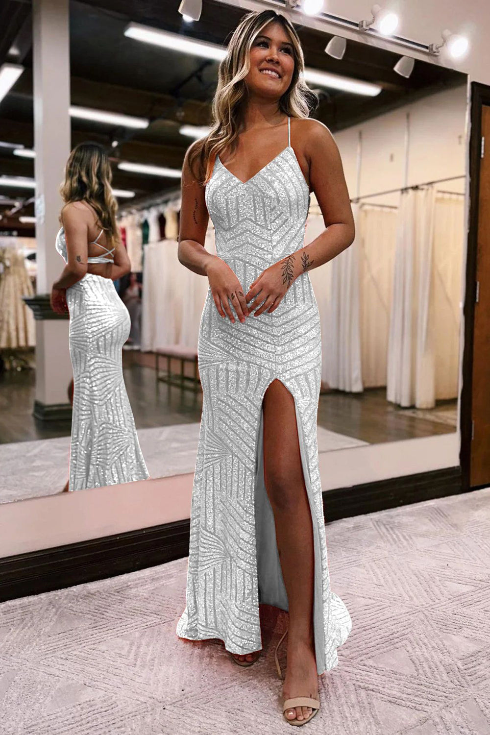Long Orange Sequined Prom Dress with Criss Cross Back and Sheath Spaghetti Straps