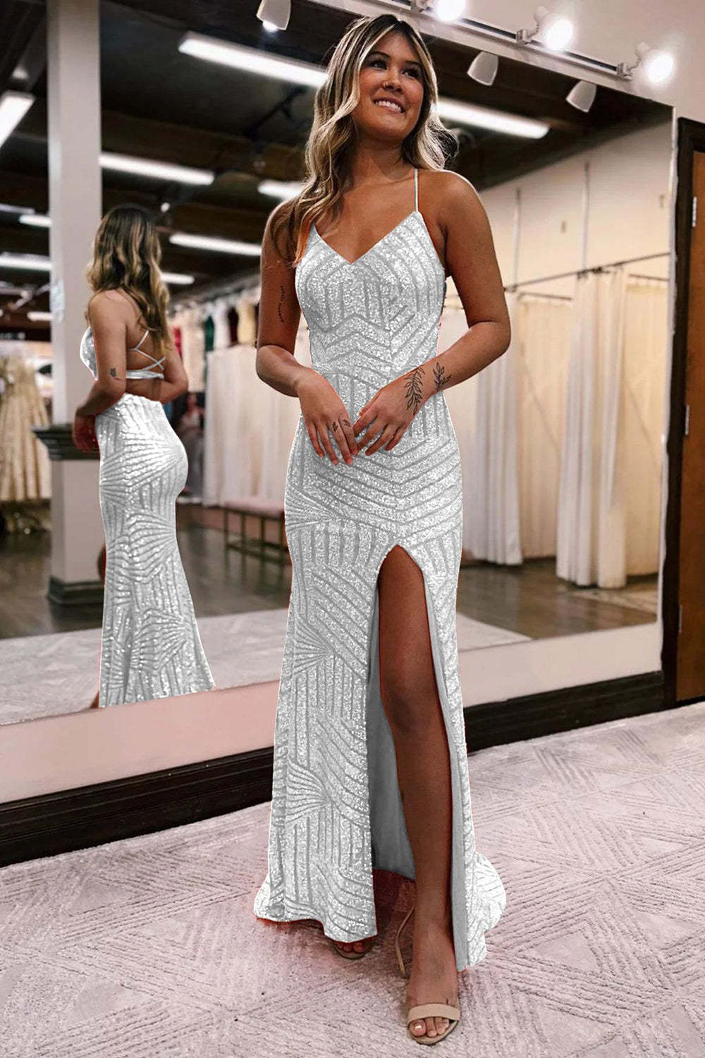 Long Orange Sequined Prom Dress with Criss Cross Back and Sheath Spaghetti Straps